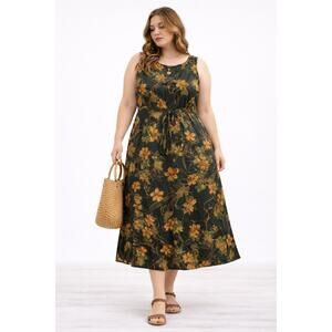 Cottagecore Green Floral Midi Dress XL Waist Tie Sleeveless Dark Vintage Style